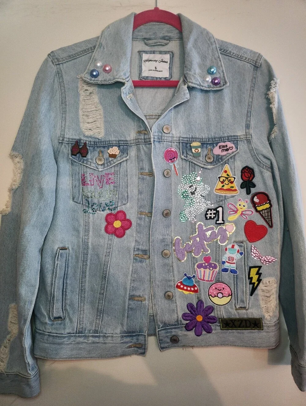 Custom Made 1 Of 1 Light Wash Embellished Denim Jacket with Colorful Patches - Picture 3 of 7